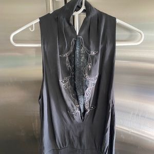 Black silk and lace sleeveless, backless top